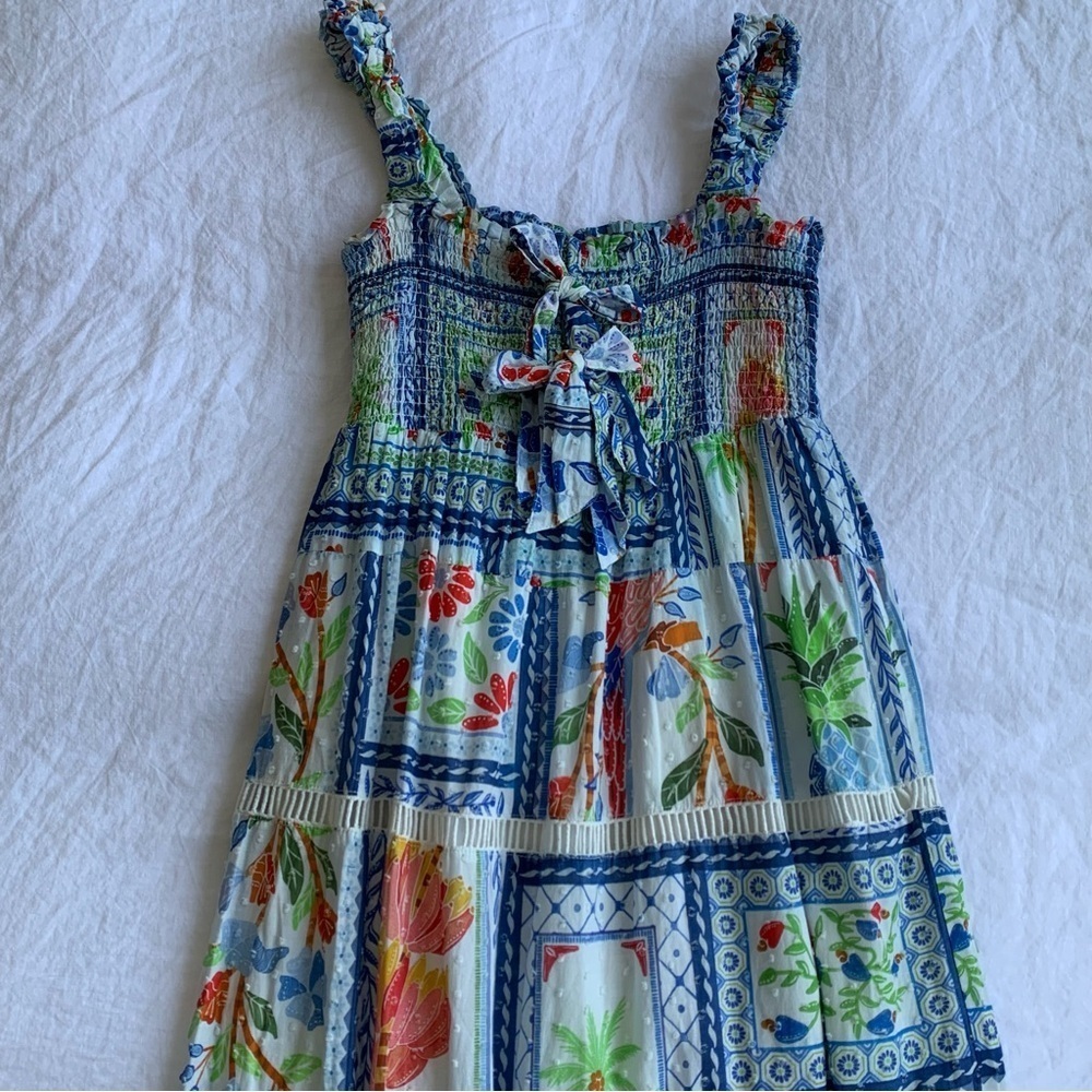 Farm Rio Tropical Tiles Cotton Square Neck Smocked Tiered A Line Maxi Dress - Picture 8 of 12